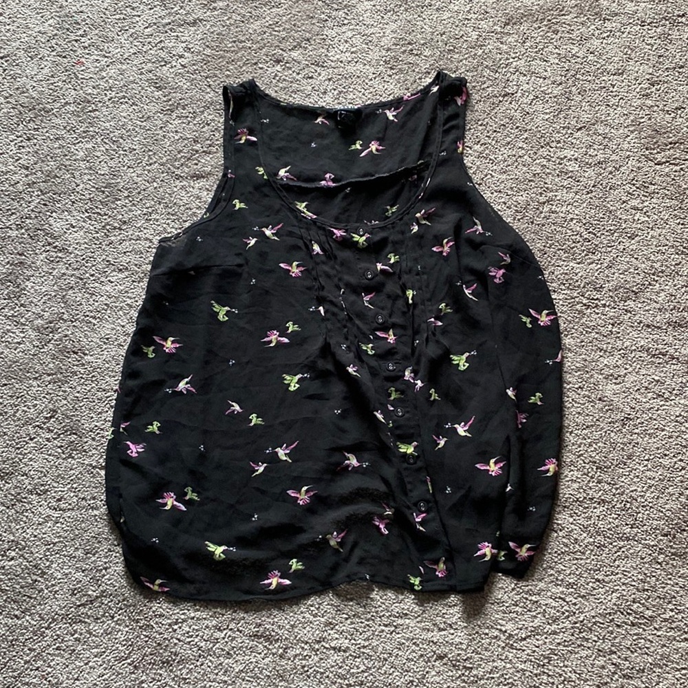 Torrid Black Semi Sheer Chiffon Bird Print Sleeveless Top SIZE 0